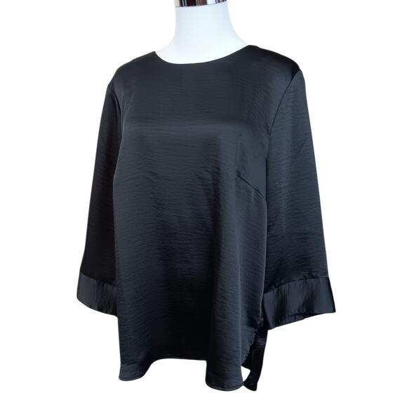Universal Standard Black Satin Flowy Blouse Top XS=LG/10-12 Button‎ Back Hi Low - Picture 8 of 9